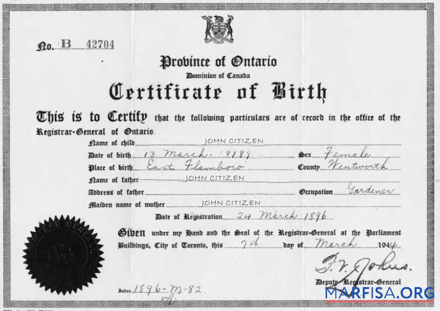 Printable Canada Deputy Registrar General birth certificate example